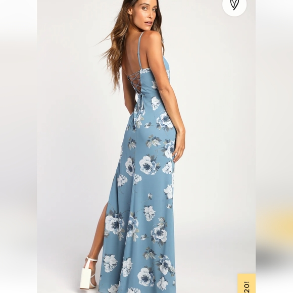 Lulu's Dresses Lulus Dress Feeling Elegant Floral Slate Blue Leg